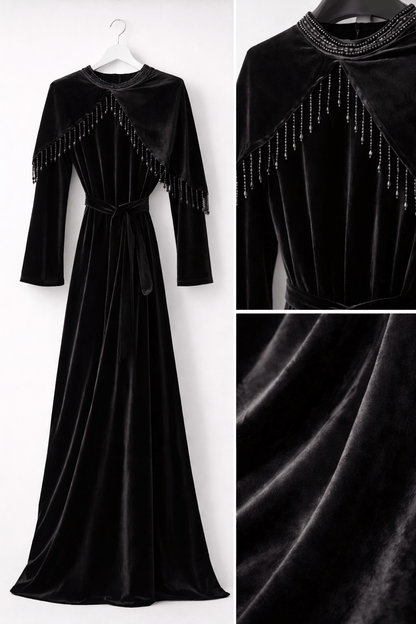 Luxury Black Velvet Abaya with Embellished Cape | AURA - AURA