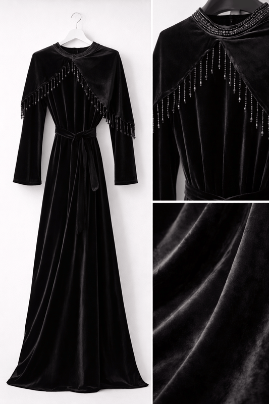 Luxury Black Velvet Abaya with Embellished Cape | AURA - AURA