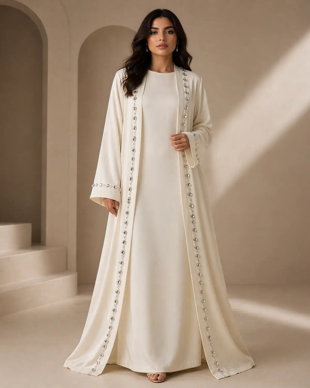 Woman wearing a long, light-colored dress with intricate detailing in a softly lit room.