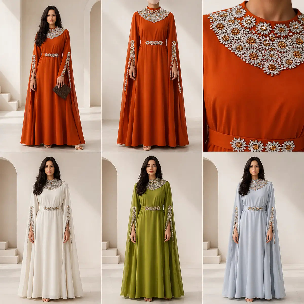 Collage of women wearing long, elegant dresses in various colors with detailed necklines.
