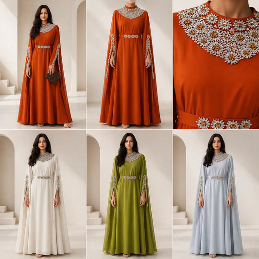 Collage of women wearing long, elegant dresses in various colors with detailed necklines.