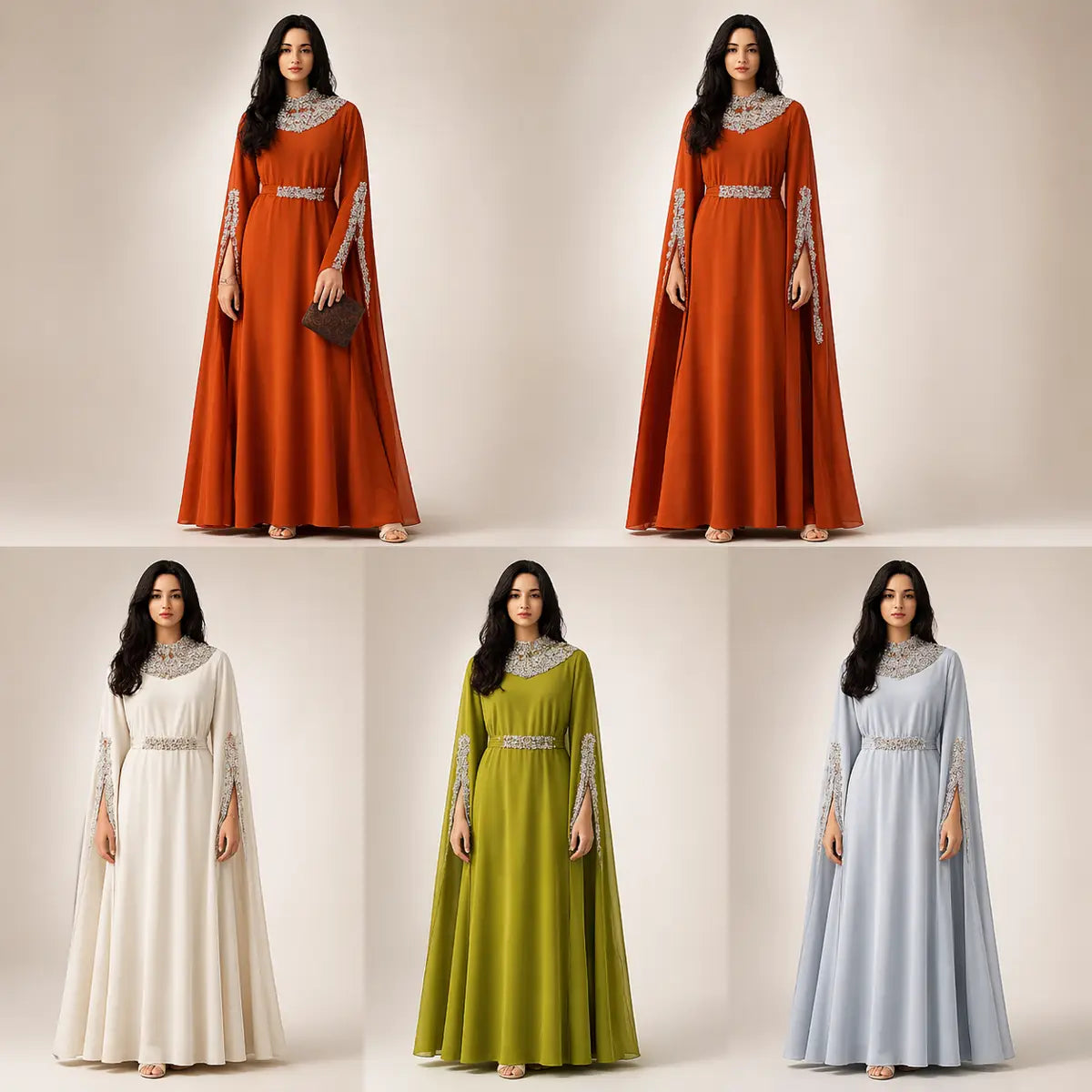 Four different long dresses in various colors on a plain background