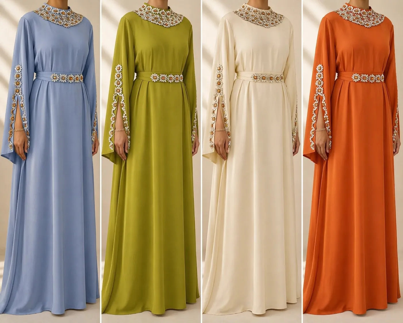 Four long dresses in blue, green, white, and orange with decorative elements on a plain background.