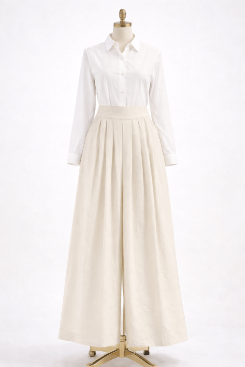 White shirt and beige pant on a mannequin against a white background