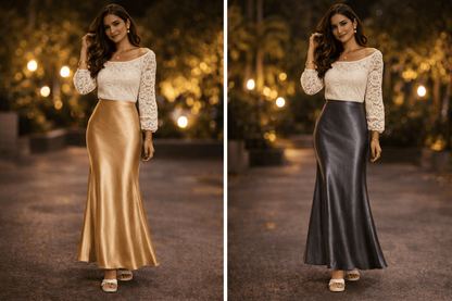 Woman wearing a white top and gold skirt in a garden setting
