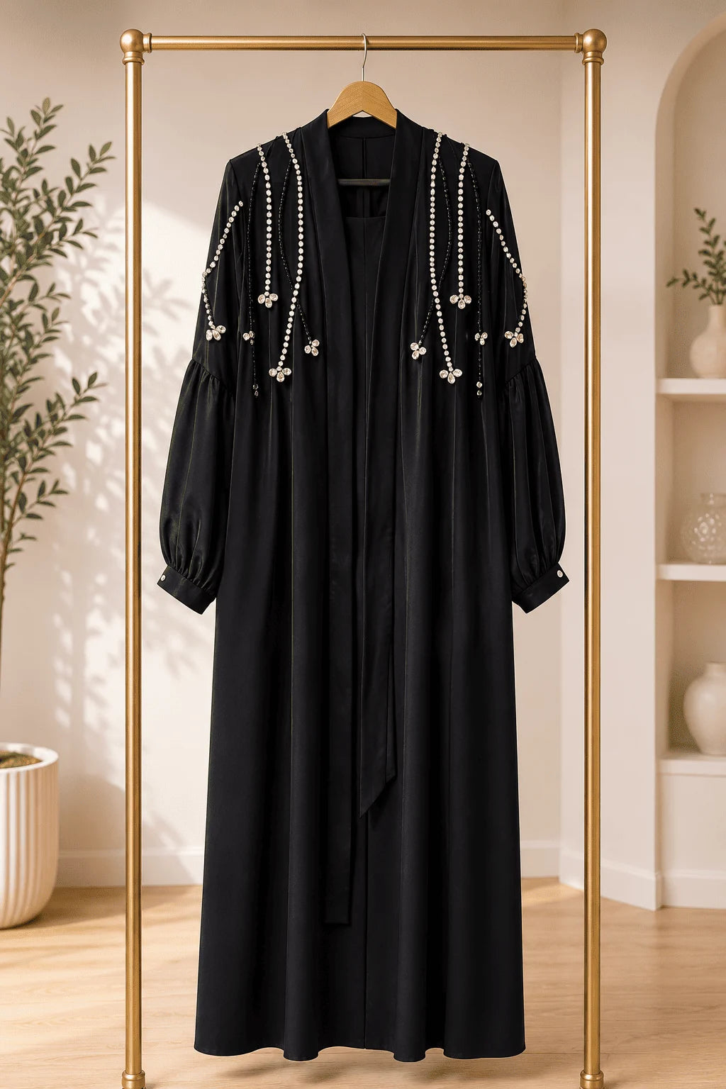 Black dress with pearl embellishments on a gold rack in a room with plants and shelves.