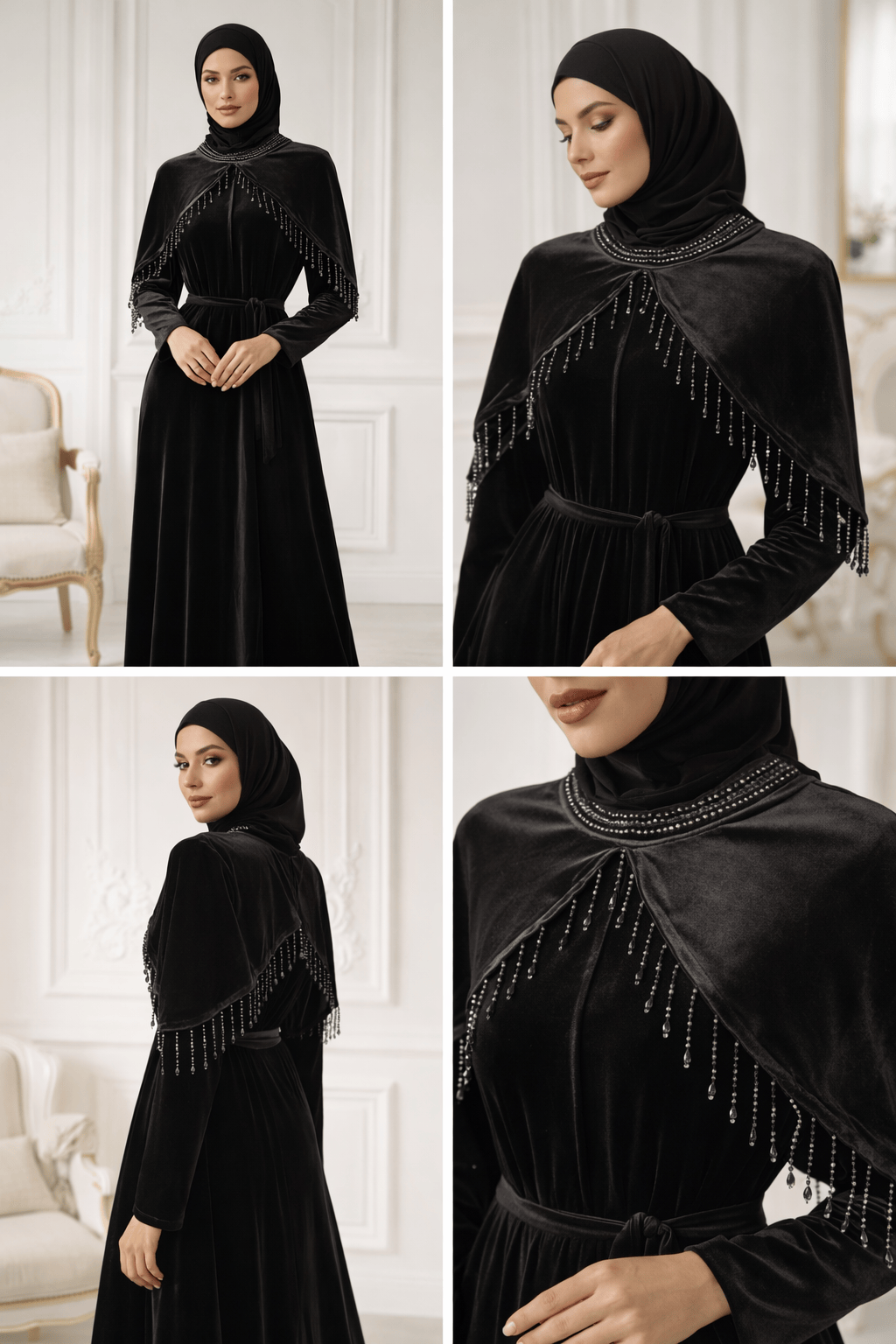 Black velvet dress with beaded details worn by a model in a neutral setting.