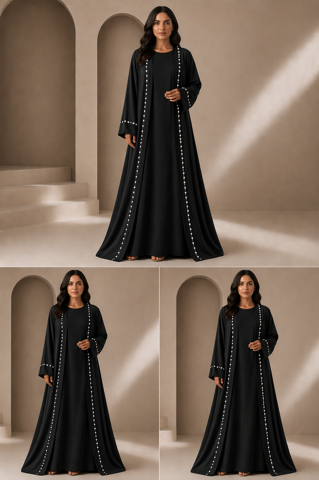 Woman wearing a black dress with white embellishments in a neutral setting