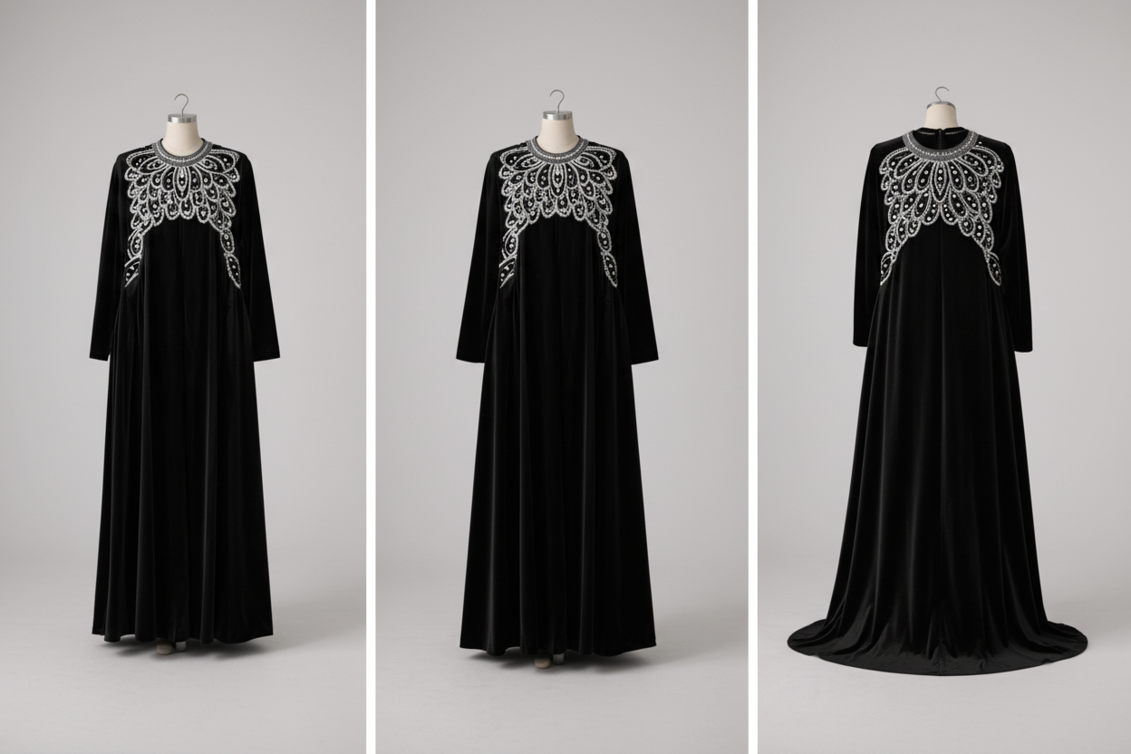Black dress with intricate silver embroidery on a white background