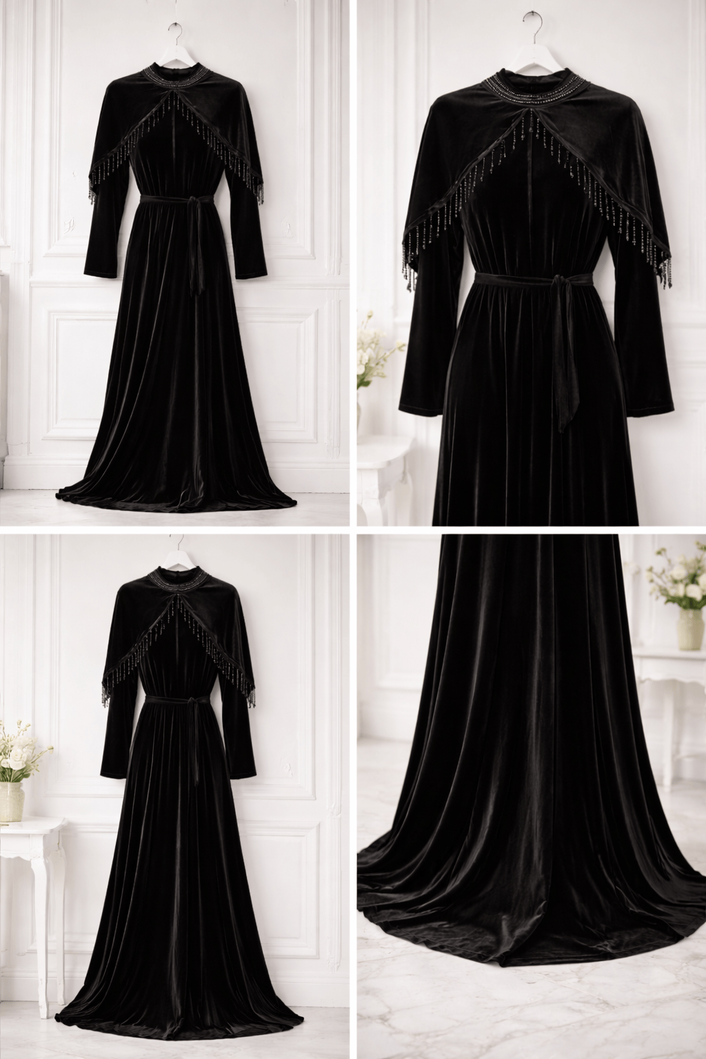 Black evening gown with long sleeves and fringe details on a white background