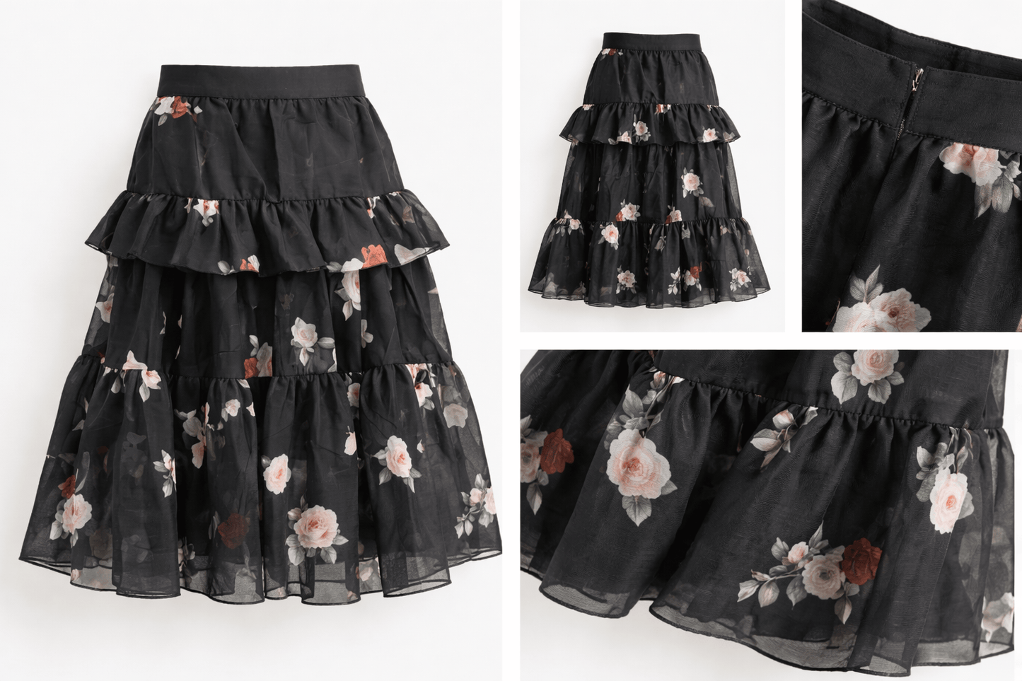 Black floral tiered skirt with close-up details on a white background