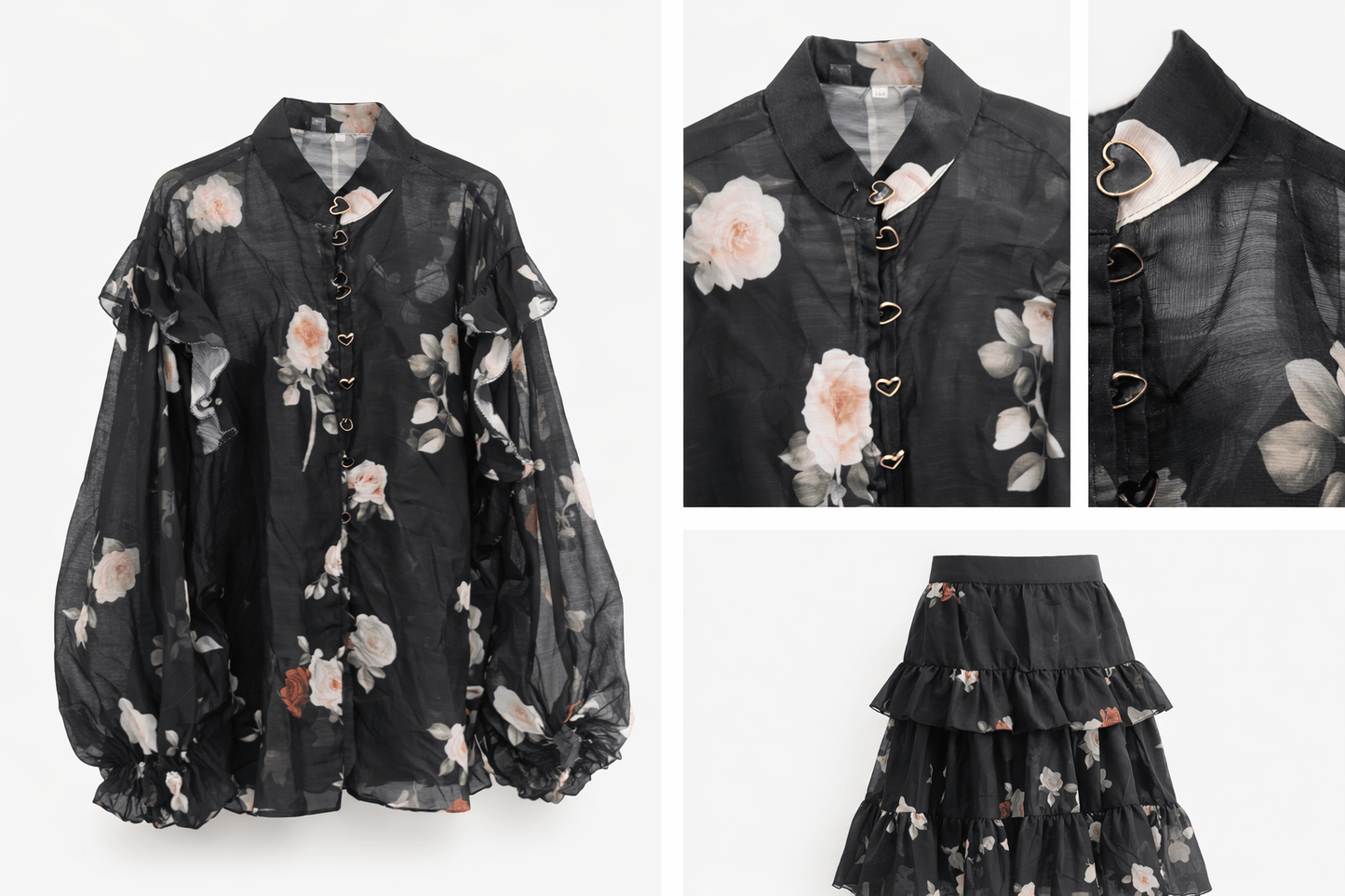 Black floral dress with a skirt on a white background