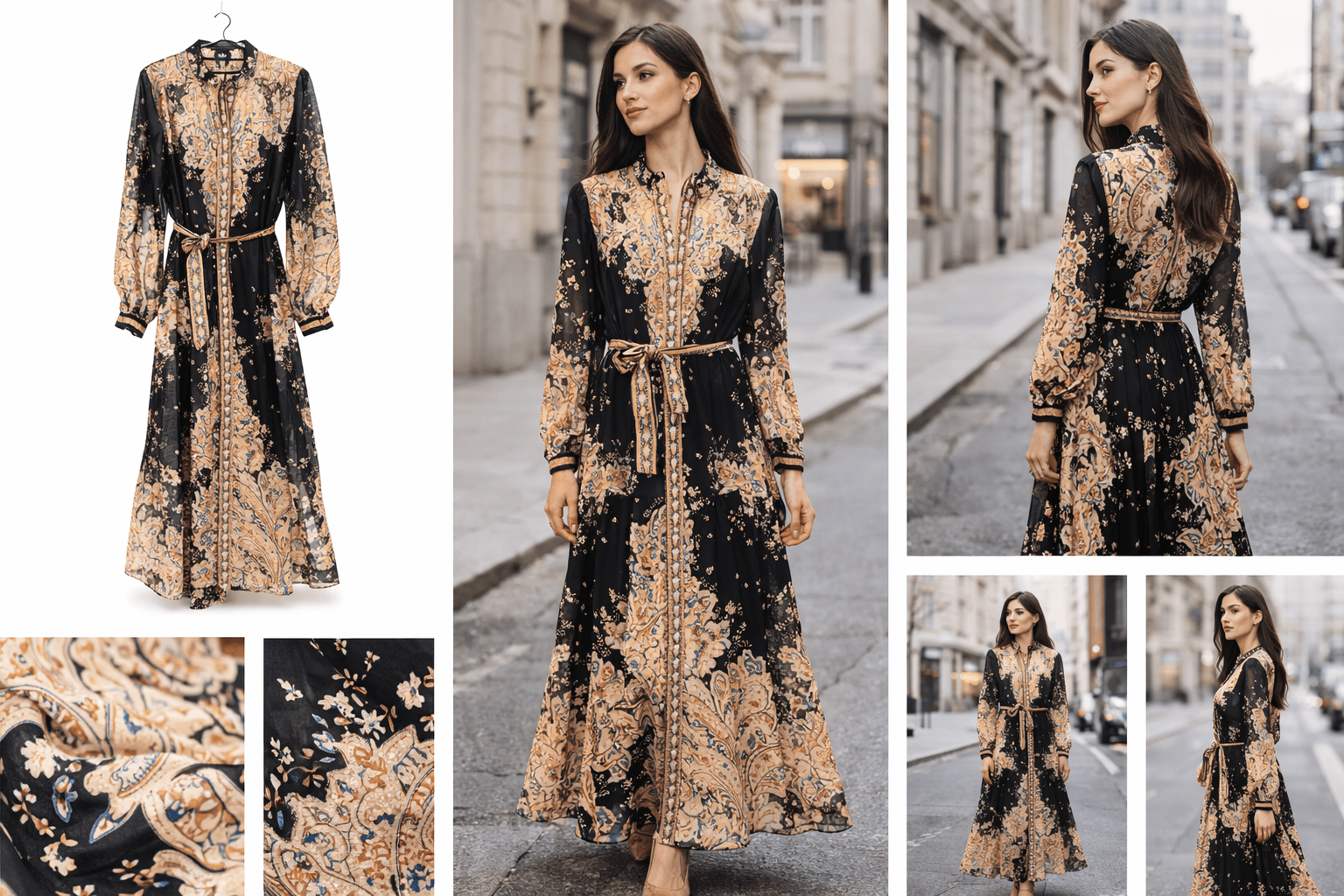 Woman wearing a black and gold floral dress on a city street, with close-up details of the dress.