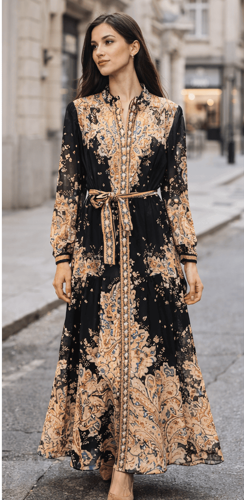 Woman wearing a long, floral-patterned dress on a city street.