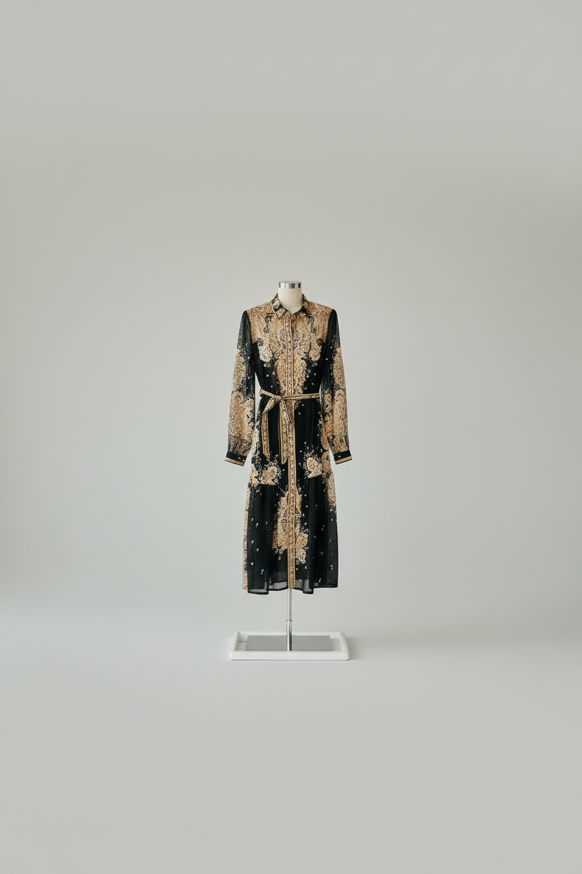 Black and gold patterned dress on a mannequin against a white background