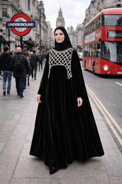 Black Velvet Abaya with Geometric Embellishment | Evening Wear - AURA