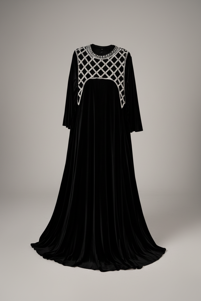 Black Velvet Abaya with Geometric Embellishment | Evening Wear - ABAYA | LONG DRESS by AURA