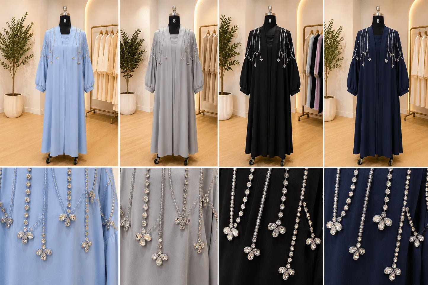 Collage of four dresses in different colors with matching necklaces.