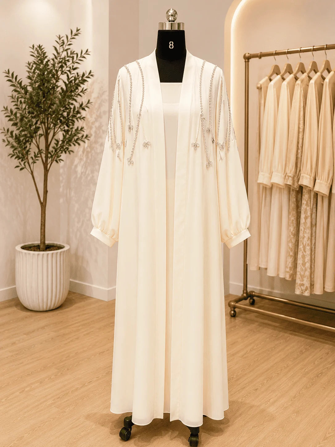White dress on a mannequin in a store setting with a plant and rack of clothes in the background.