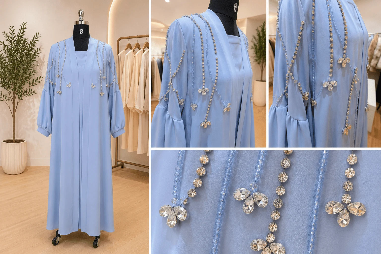 Light blue dress with decorative elements on a mannequin in a store setting.