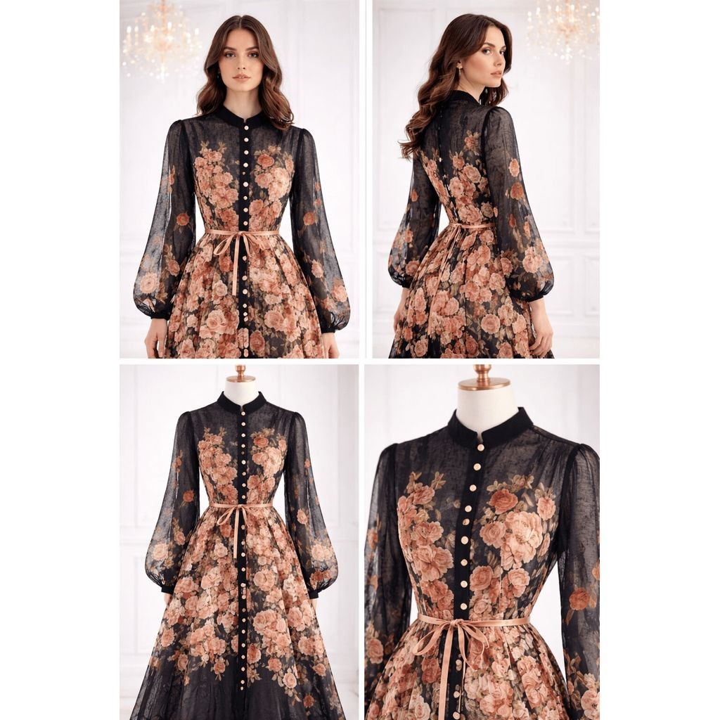 Floral dress shown from multiple angles on a white background