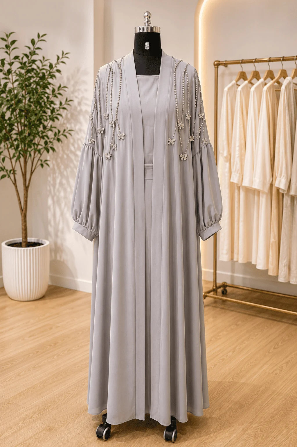 Gray dress with embellishments on a mannequin in a store setting.