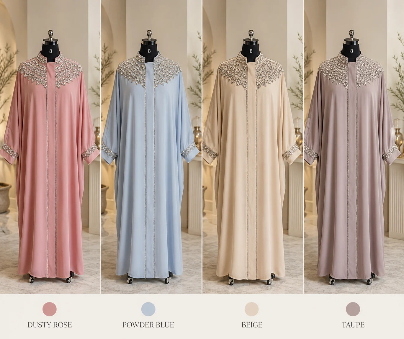 Four abayas in different colors on mannequins with color swatches below.