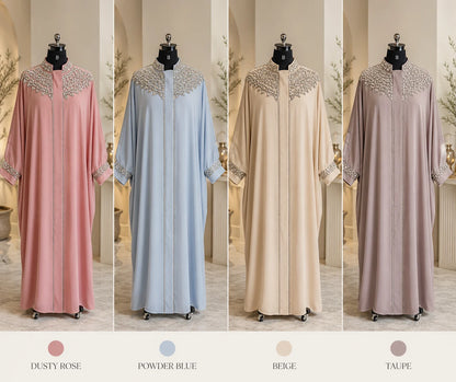 Four abayas in different colors on mannequins with color swatches below.