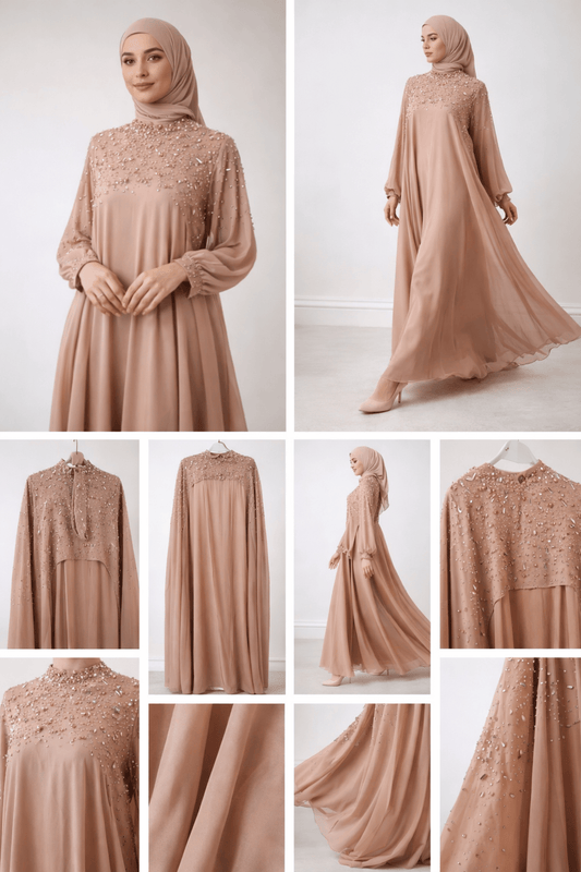 Collage of a woman wearing a beige hijab and dress with close-up details on a white background.