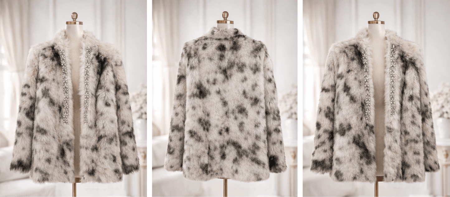 Three views of a floral-patterned coat on a mannequin against a white background