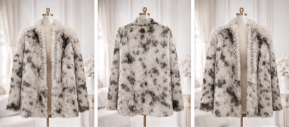 Three views of a floral-patterned coat on a mannequin against a white background