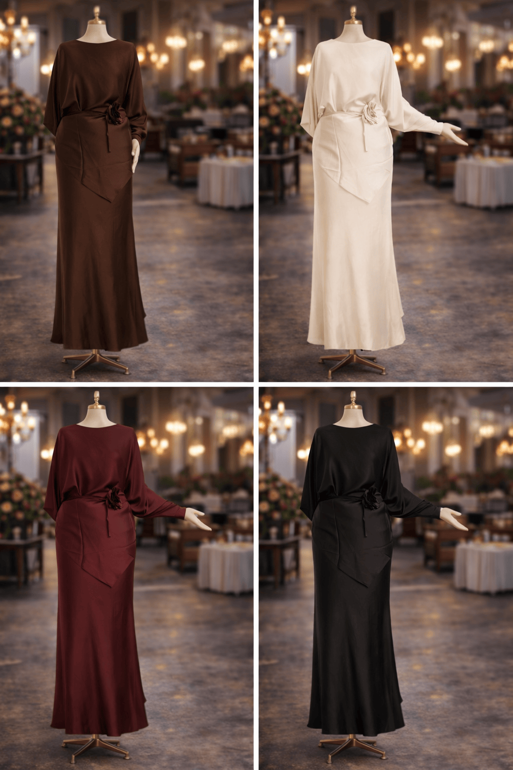 Four dresses in different colors displayed on mannequins against a formal event backdrop.