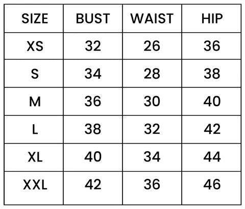 Measurement chart for bust, waist, and hip sizes with size labels.