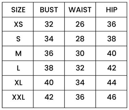 Measurement chart for bust, waist, and hip sizes with size labels.