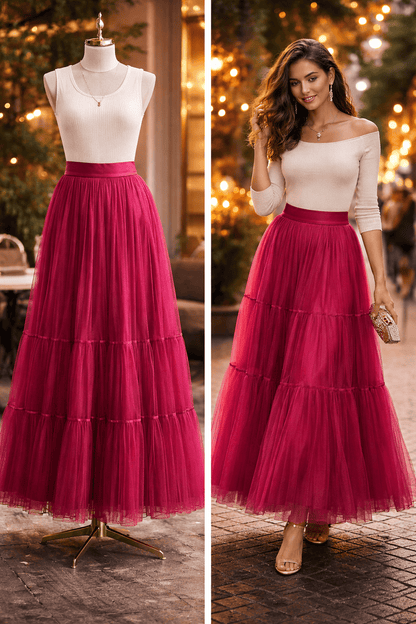 Tiered Tulle Skirt with Velvet Lining - Skirts by AURA