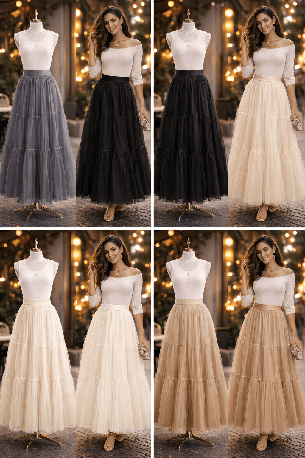 Woman modeling a white top with various long skirts on mannequins against a warm, blurred indoor background.