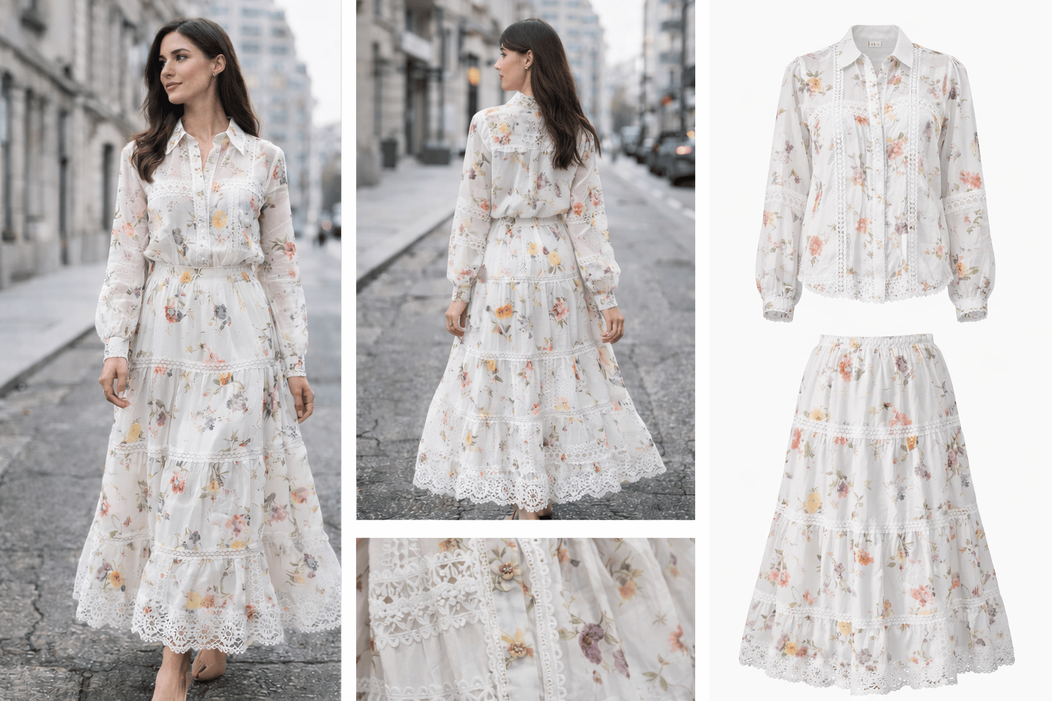 Woman wearing a floral dress on a city street, with close-up shots of the dress.