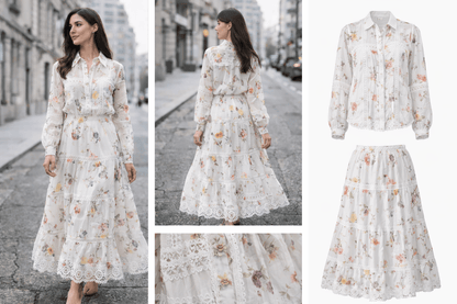 Woman wearing a floral dress on a city street, with close-up shots of the dress.