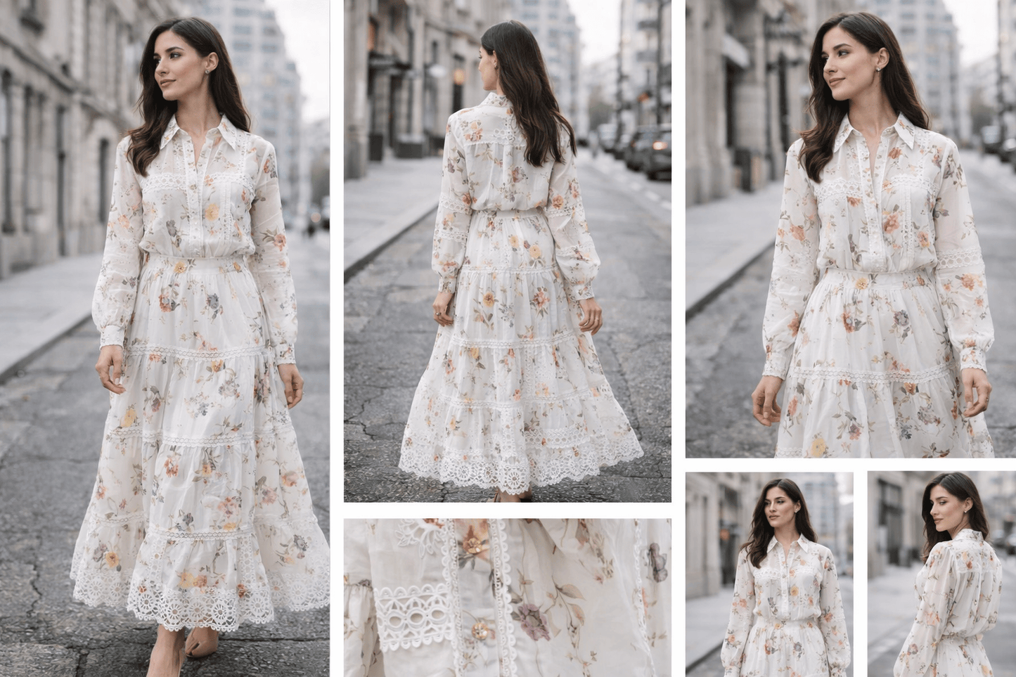 Woman wearing a white floral dress in an urban setting