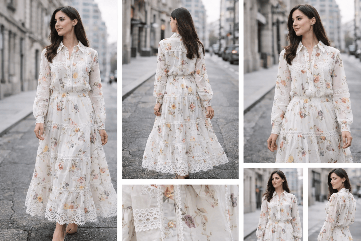 Woman wearing a white floral dress in an urban setting